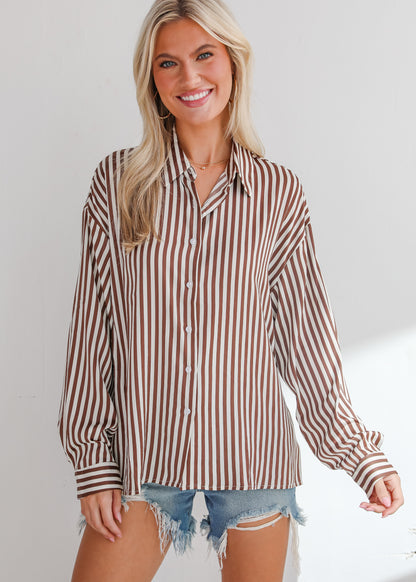 Composed Essence Satin Striped Button-Up Blouse