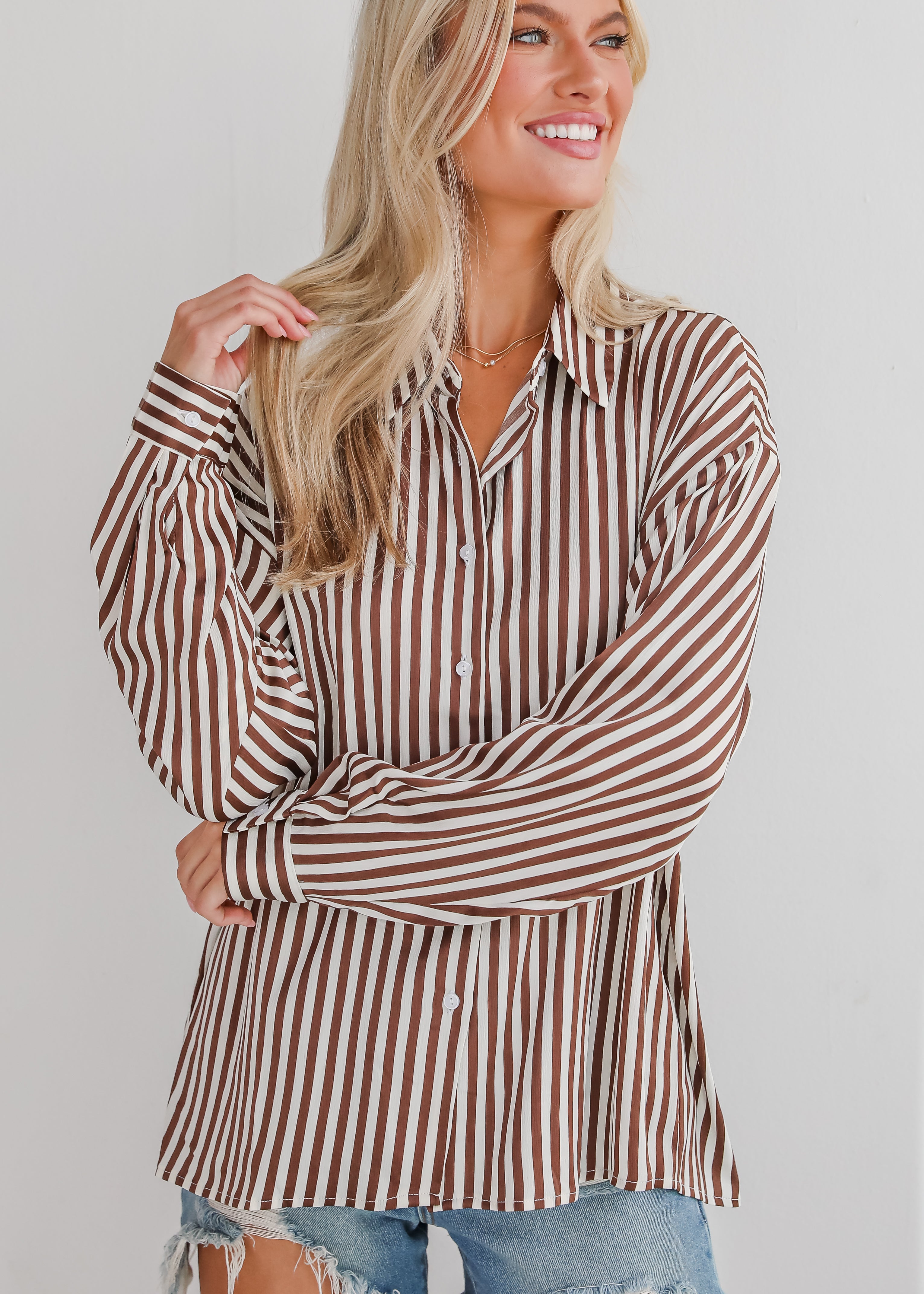 Composed Essence Satin Striped Button-Up Blouse