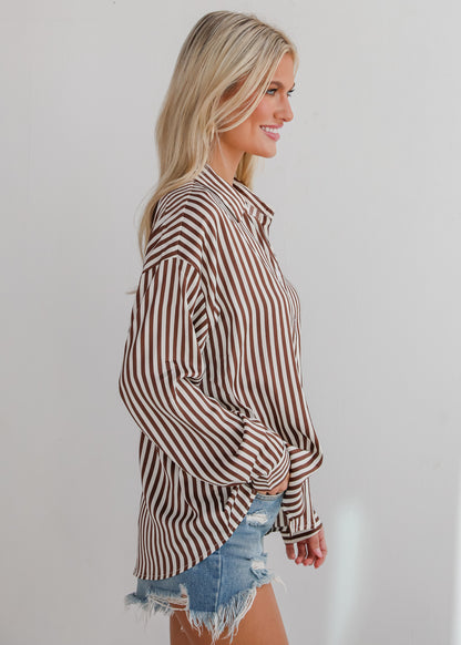 Composed Essence Satin Striped Button-Up Blouse