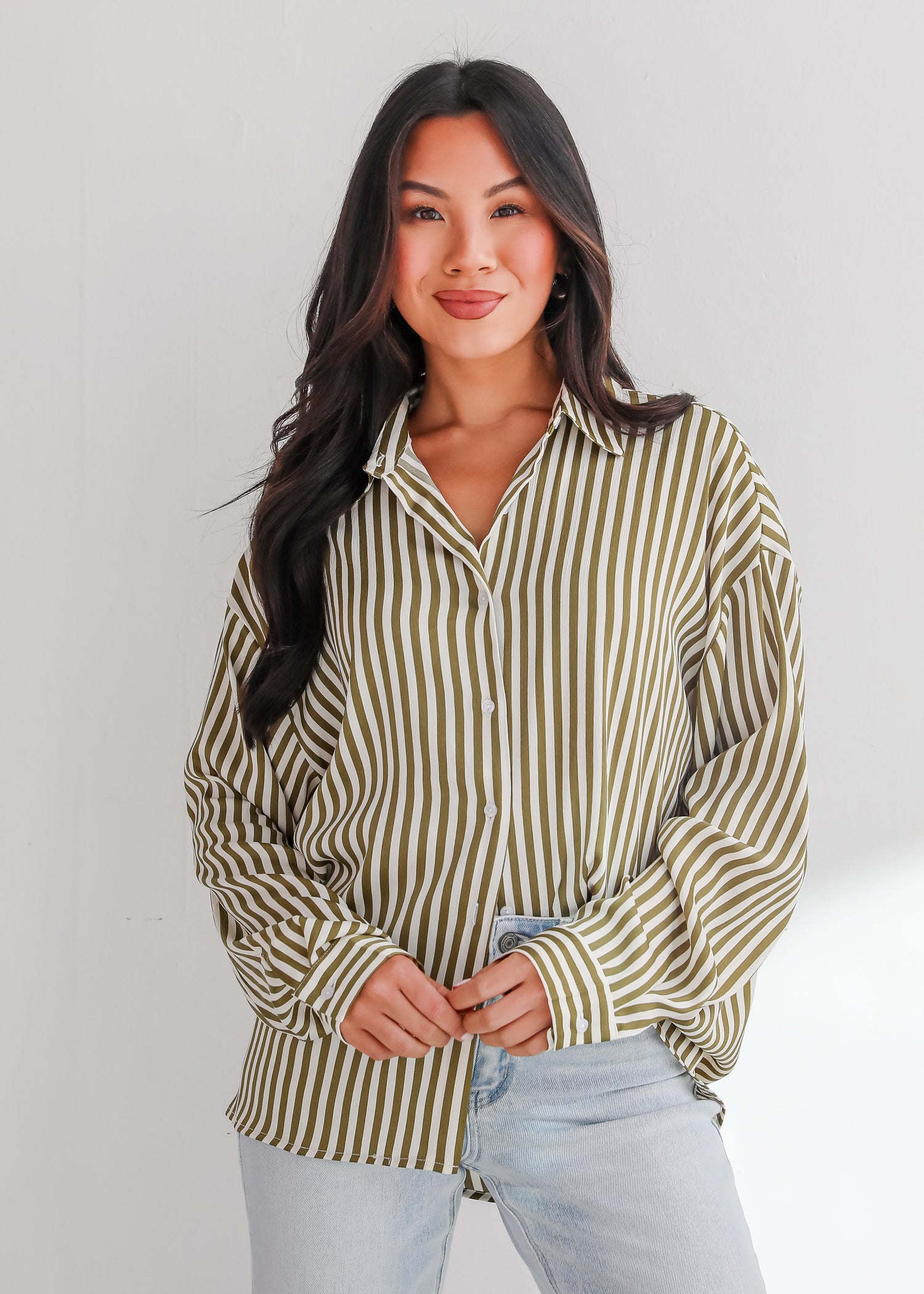 Composed Essence Satin Striped Button-Up Blouse