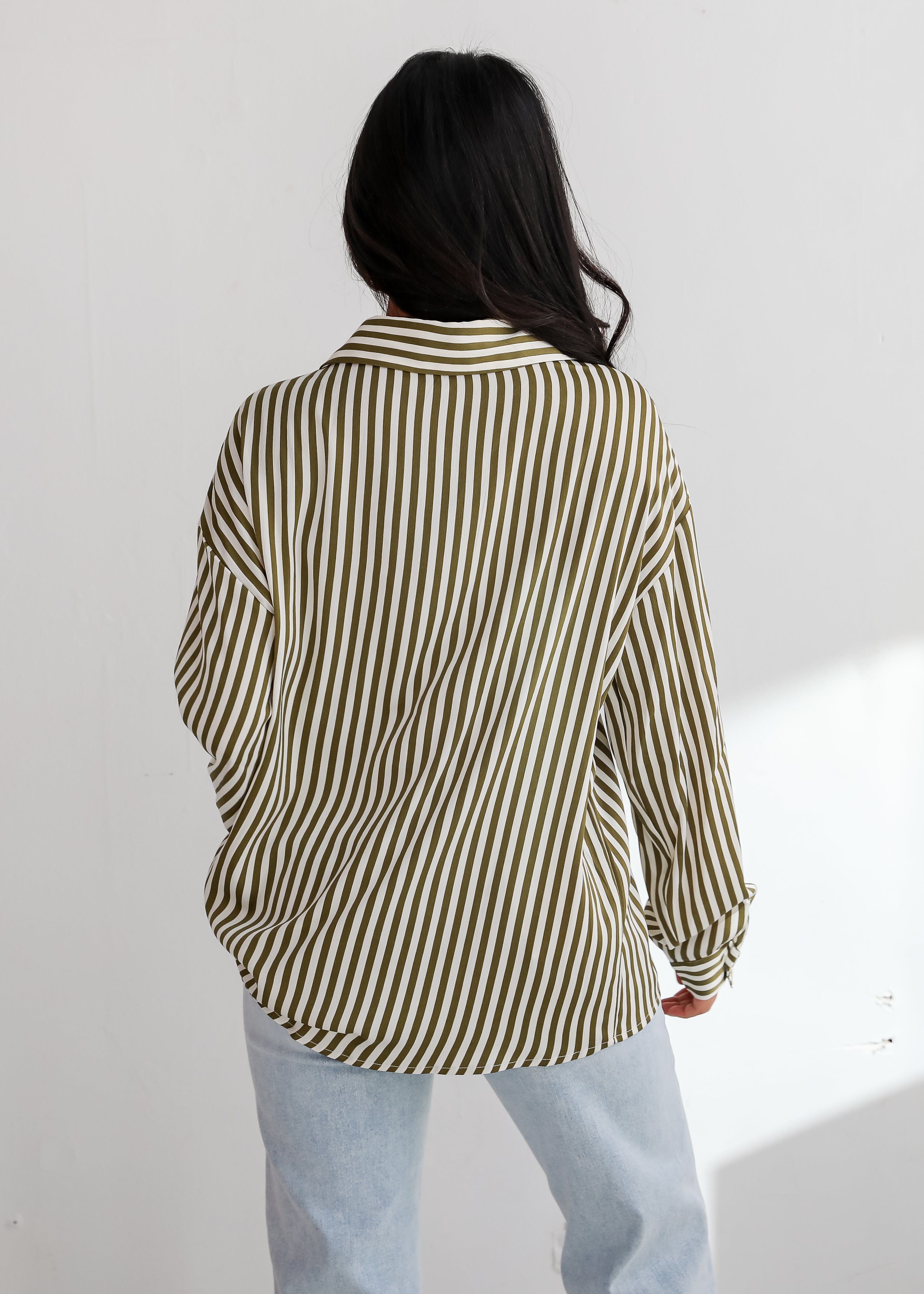 Composed Essence Satin Striped Button-Up Blouse