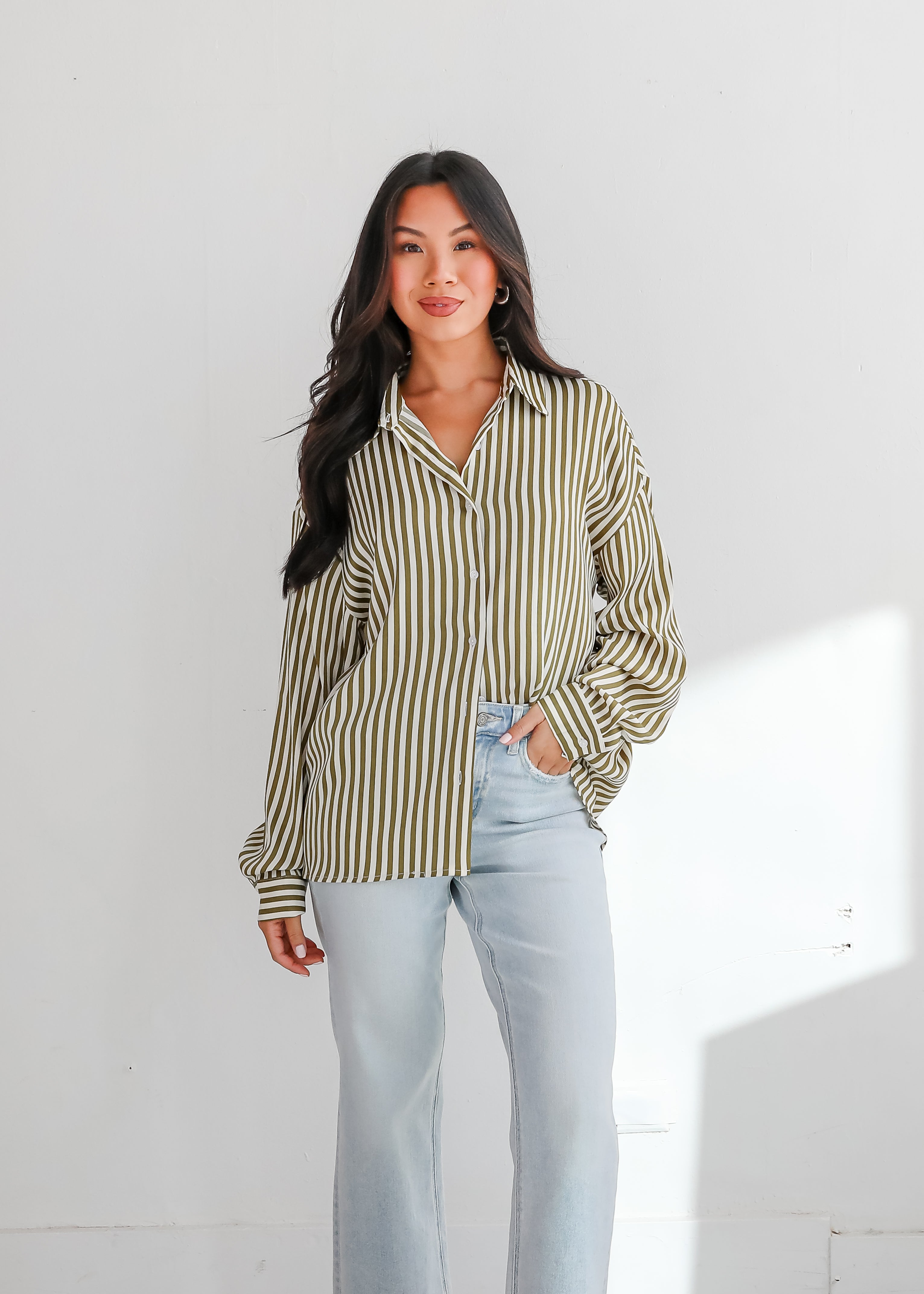 Composed Essence Satin Striped Button-Up Blouse