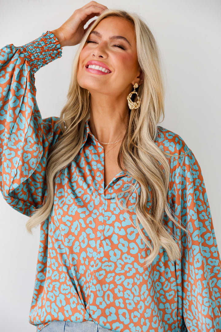 cute Light Blue Satin Leopard Blouse