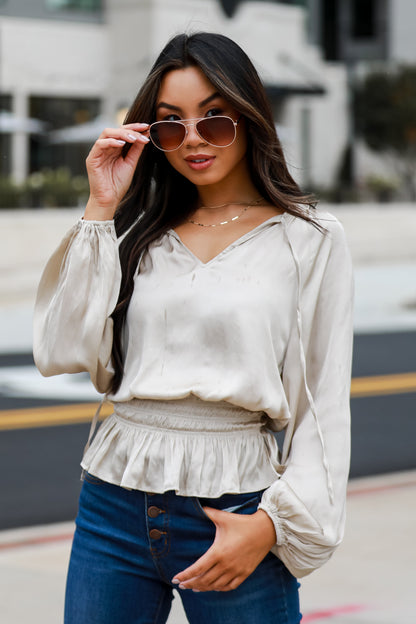 ivory Satin Peplum Blouse