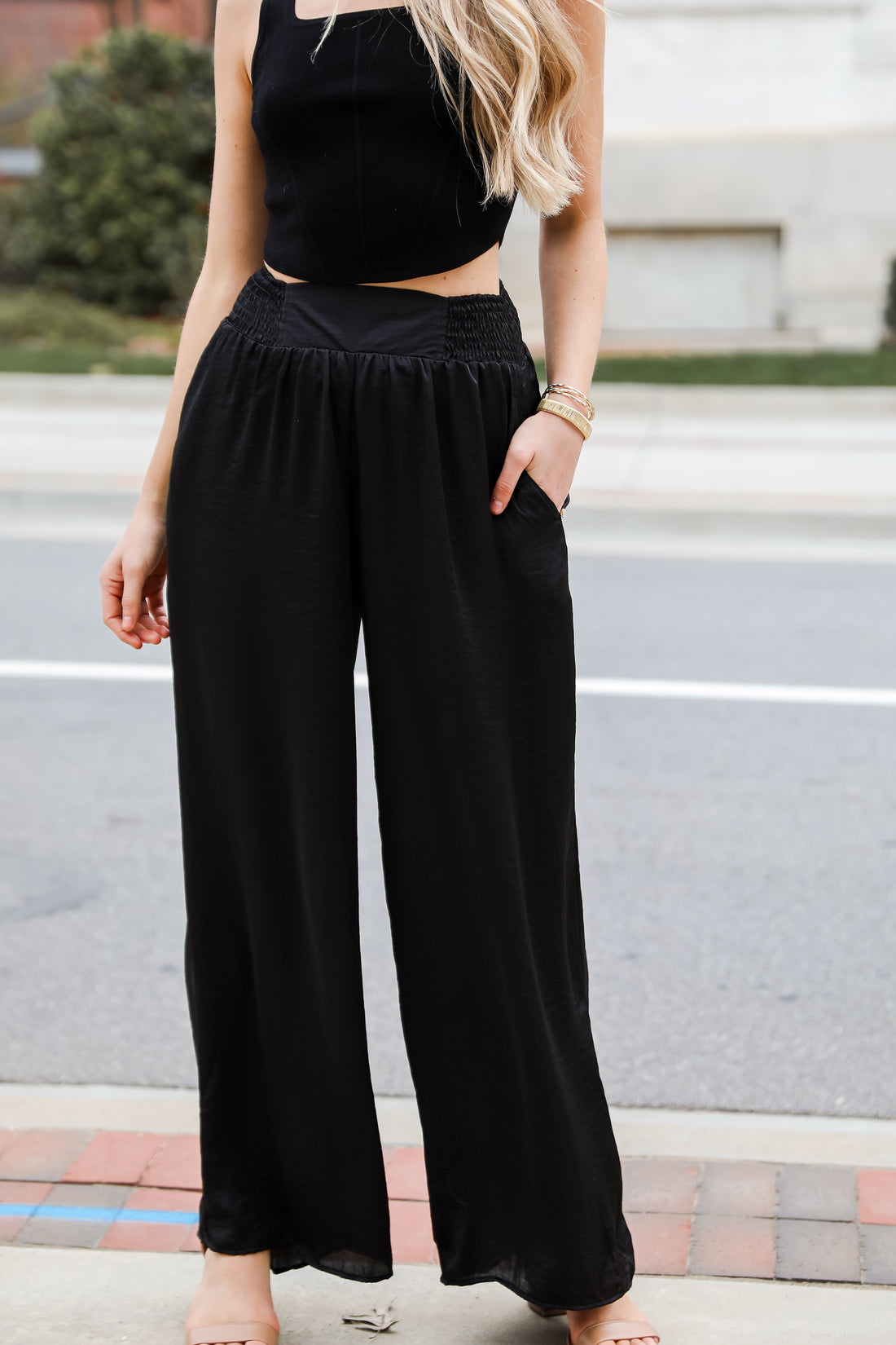 black Satin Wide Leg Pants