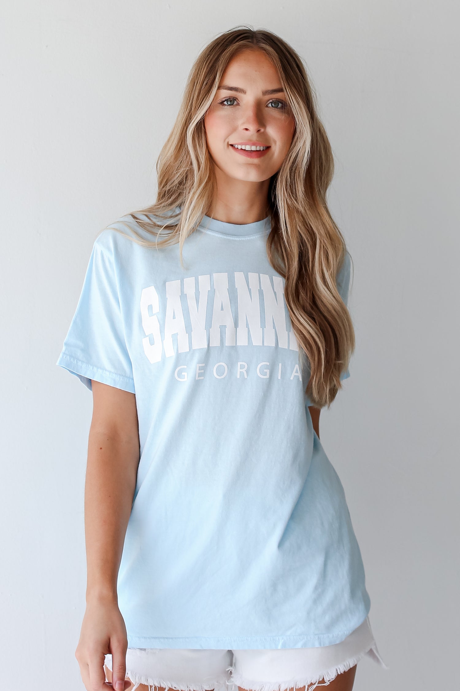 Light Blue Savannah Georgia Block Letter Tee close up