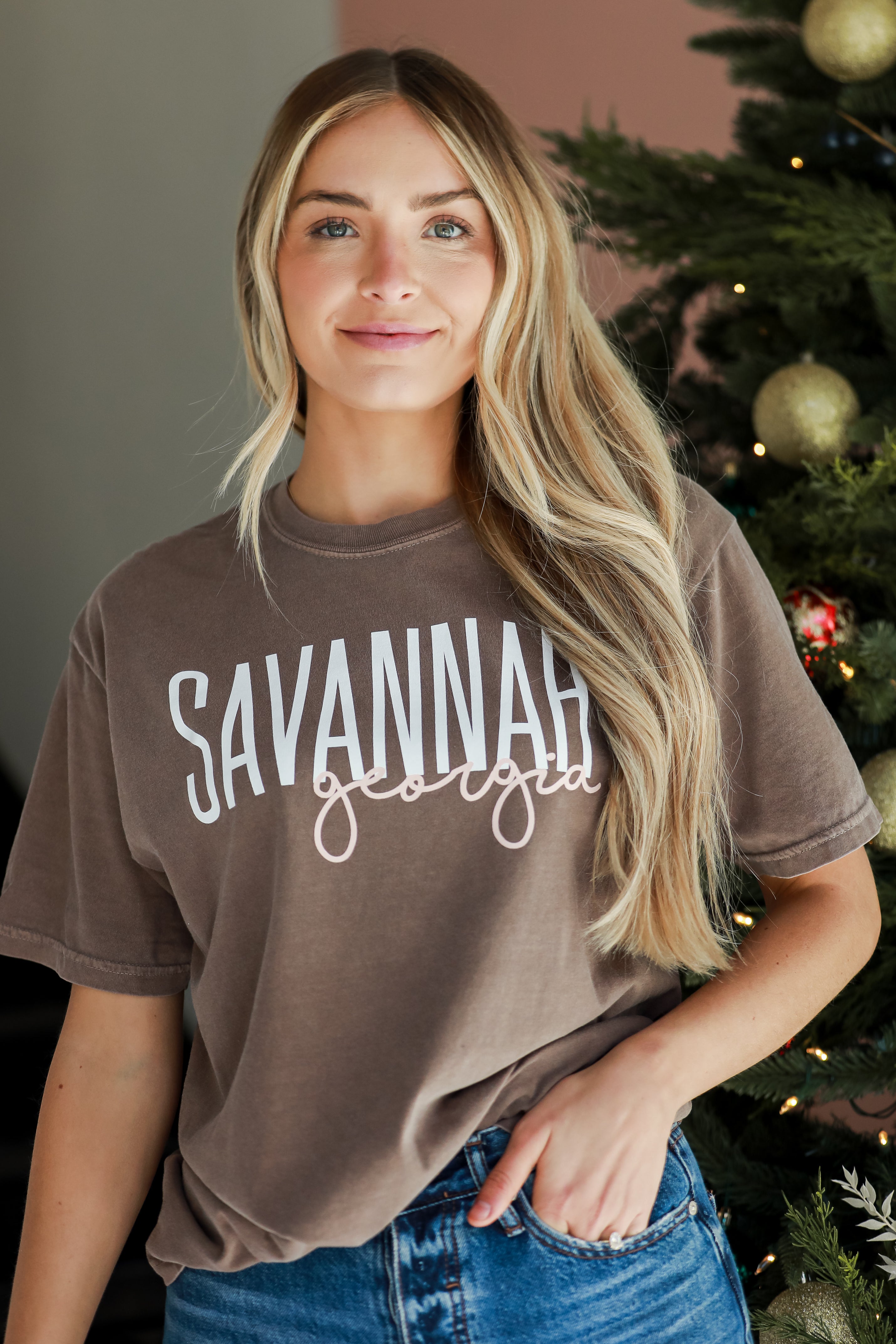 Brown Savannah Georgia Script Tee on dress up model