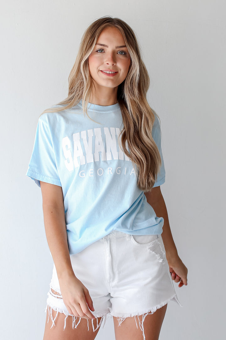 Light Blue Savannah Georgia Block Letter Tee front view