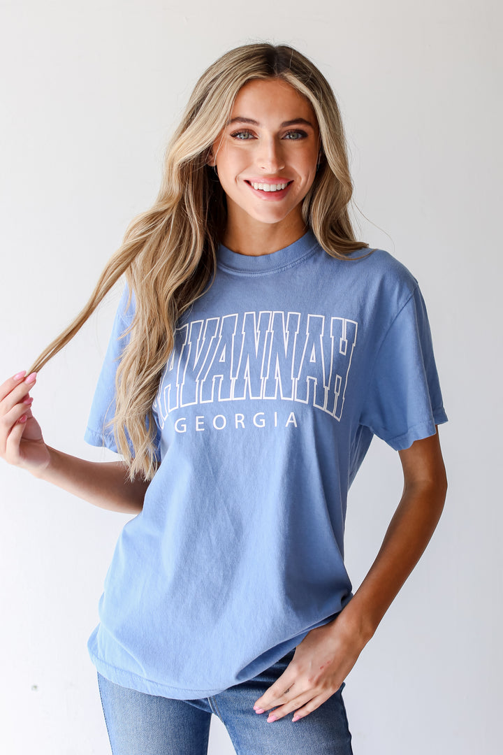 Blue Savannah Georgia Block Letter Tee close up