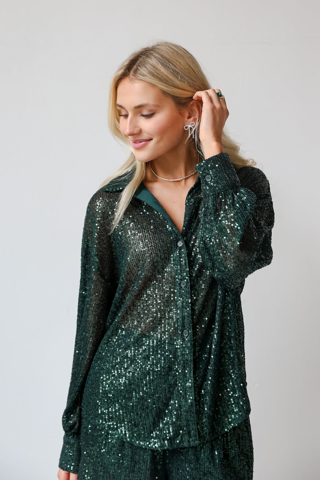 green Sequin Button-Up Blouse front view