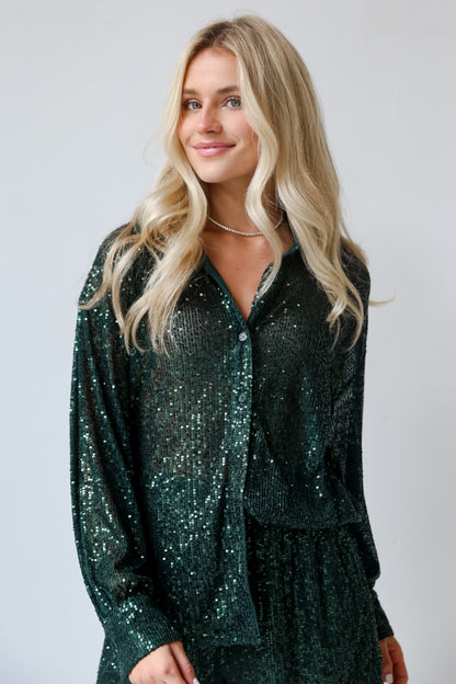 green Sequin Button-Up Blouse front view