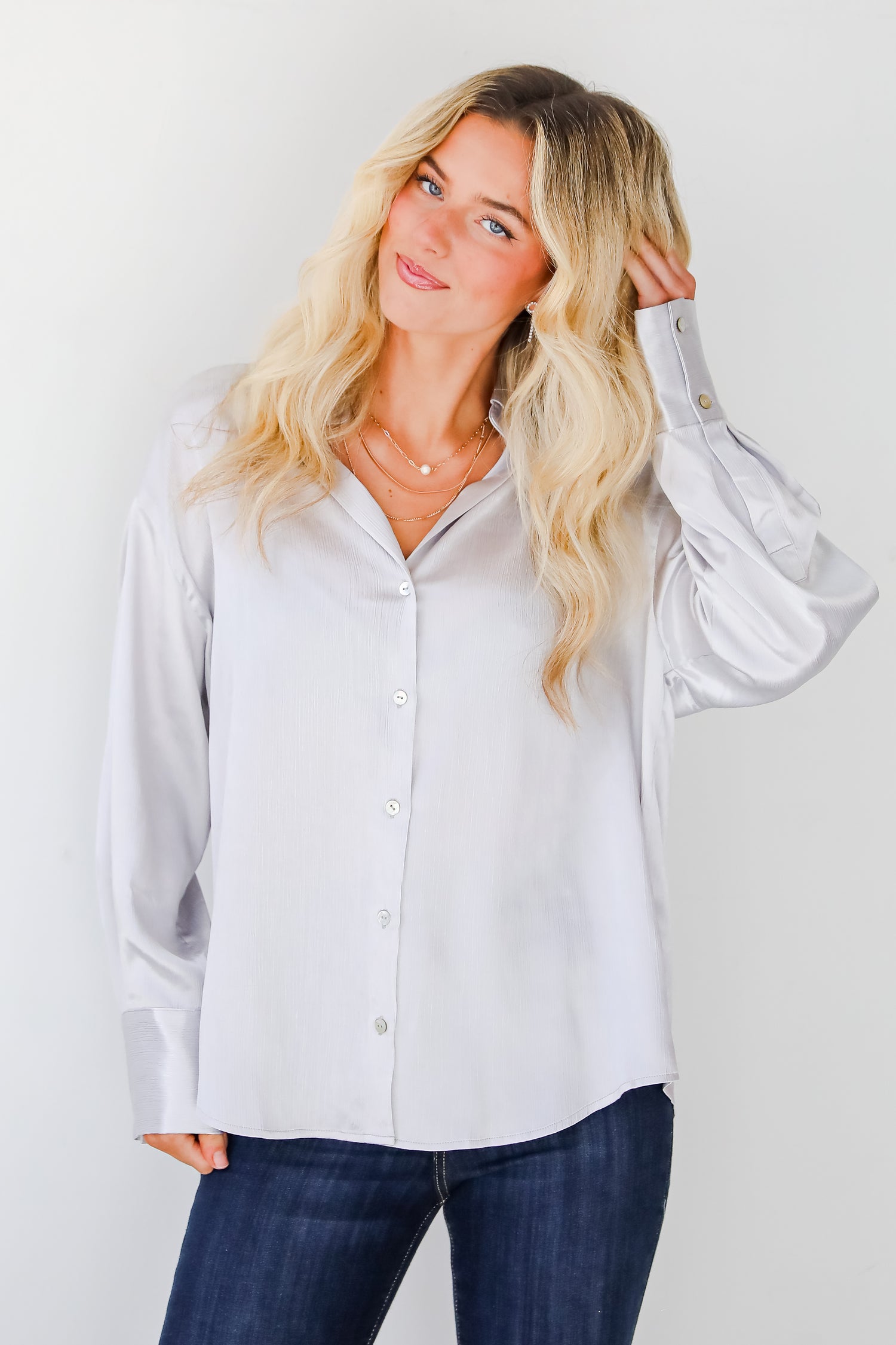 Pristine Luxury Satin Button-Up Blouse