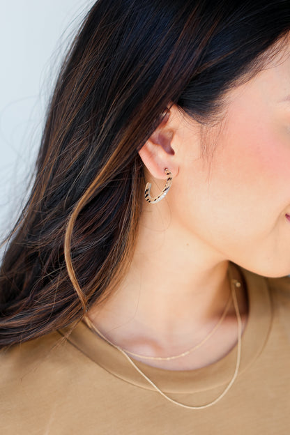 Acrylic Leopard Hoop Earrings on model