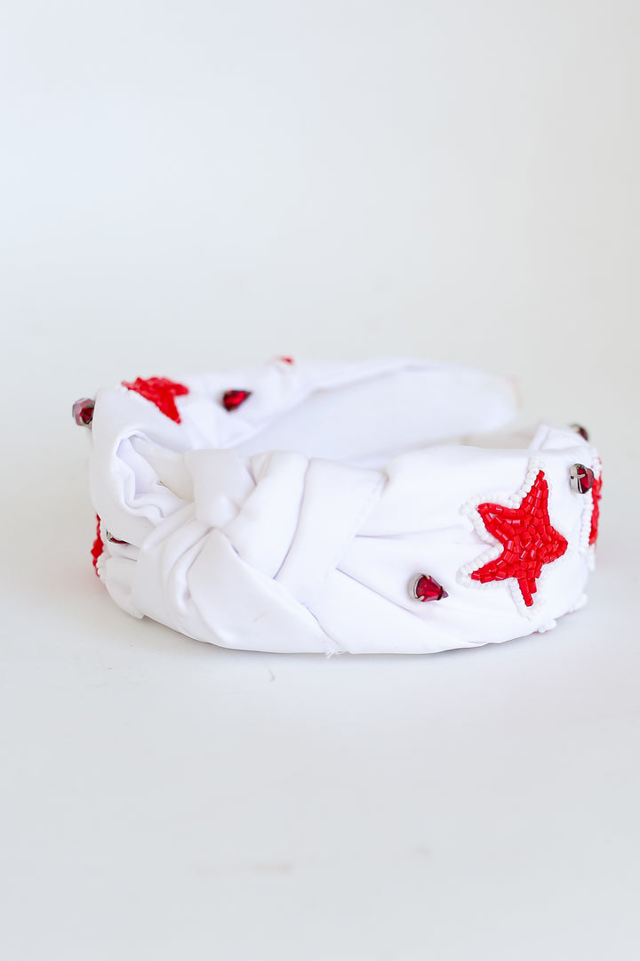 Red + White Star + Gemstone Knotted Headband flat lay