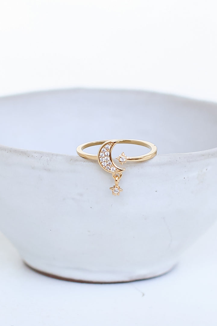 Gold Rhinestone Moon + Star Ring