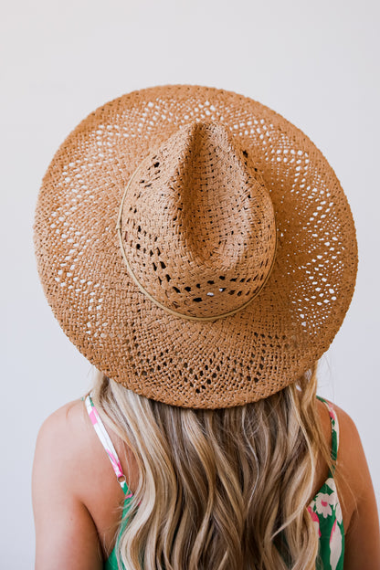 Weekend Breezes Khaki Straw Fedora Wide Brim Hat 