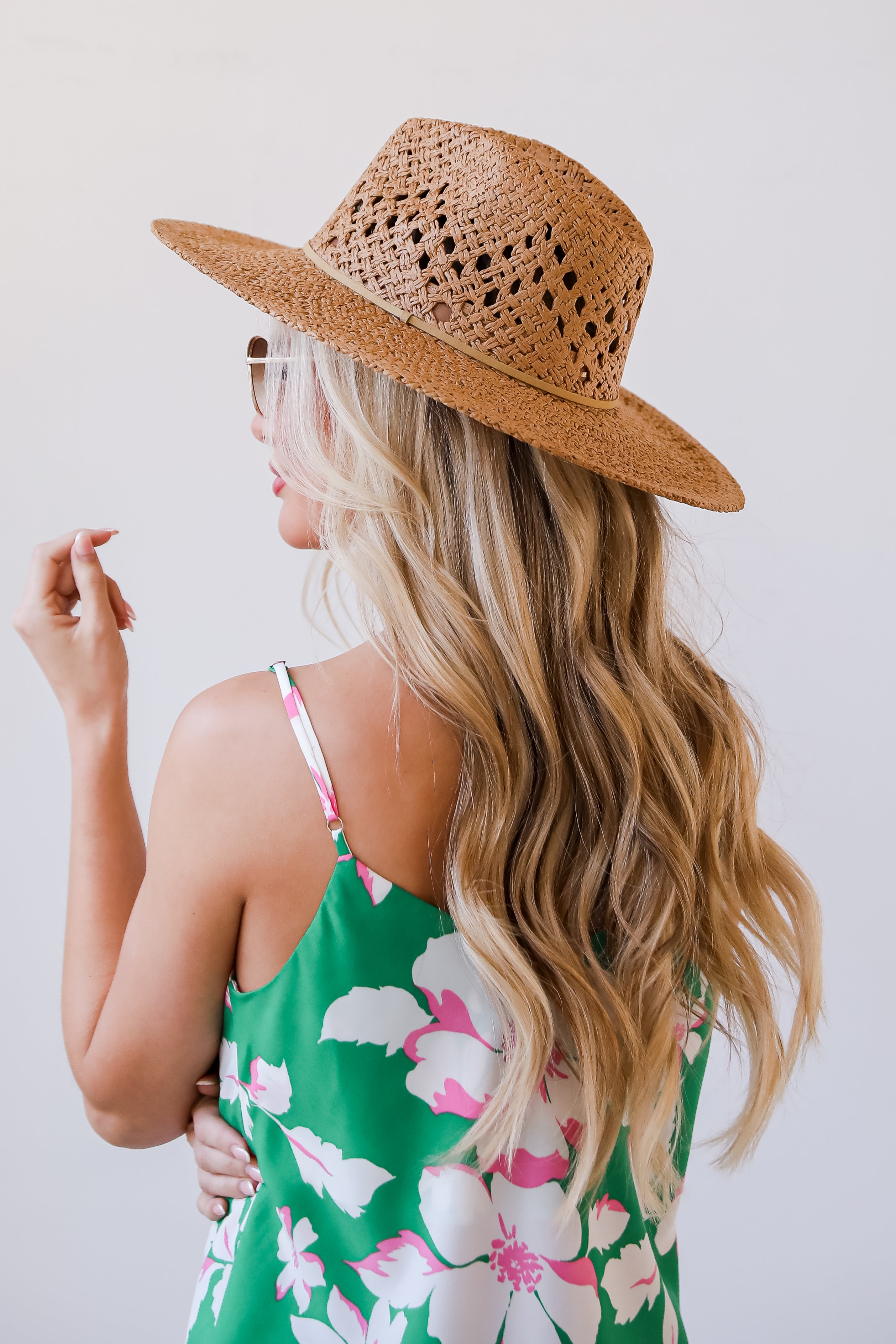 Khaki Straw Fedora Wide Brim Hat for women