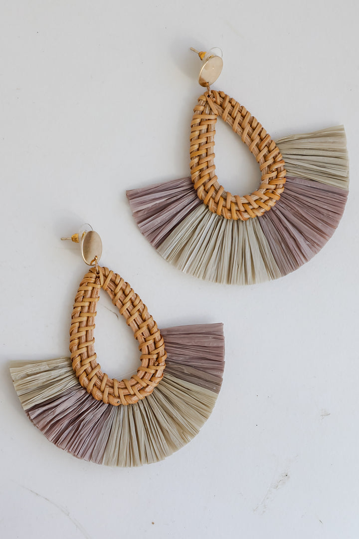 Lennon Grey Straw Fringe Statement Earrings