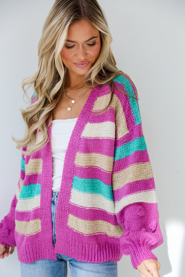 cute Fuchsia Striped Sweater Cardigan