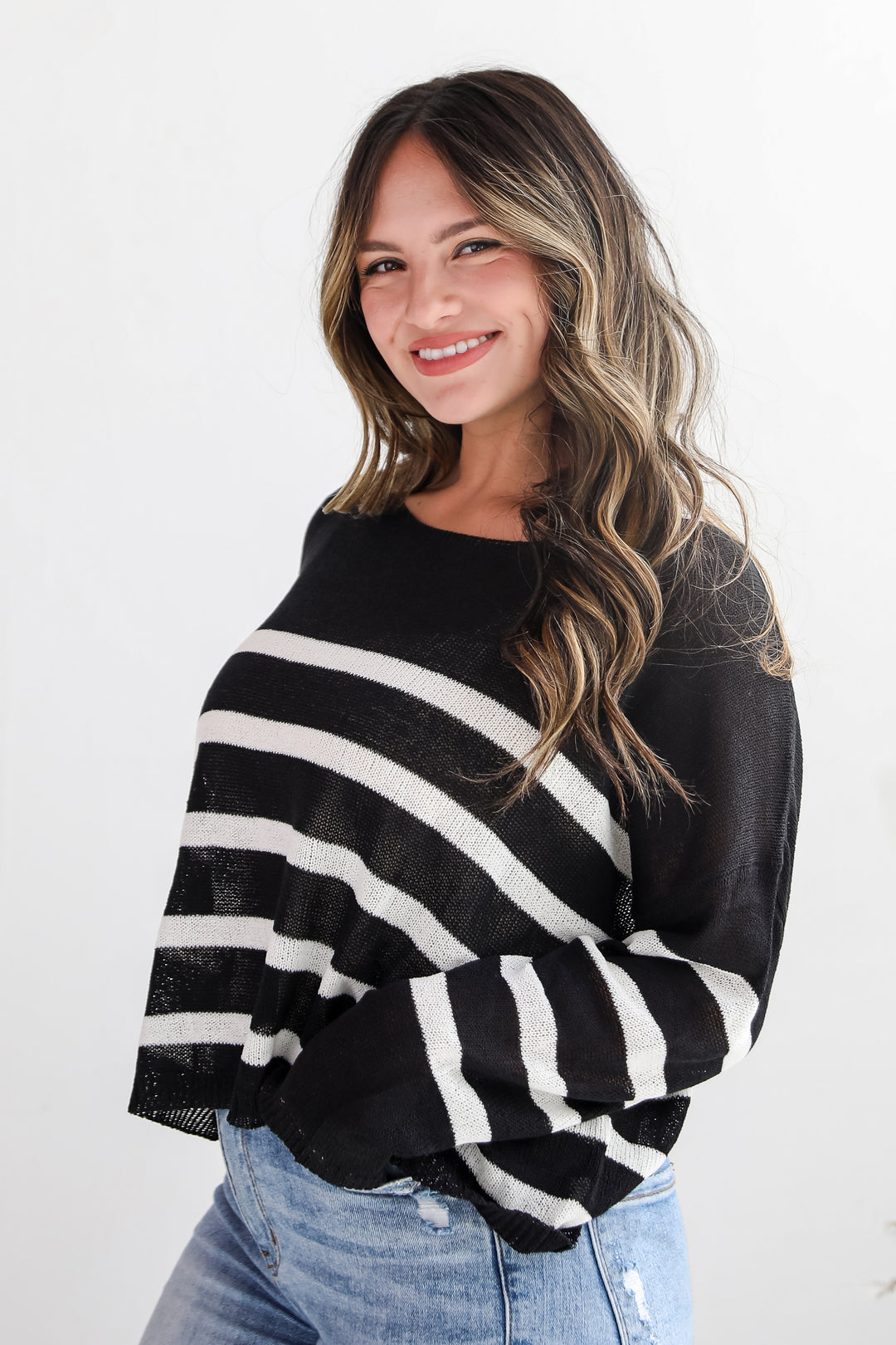 Stylish Promise Black Striped Lightweight Knit Sweater