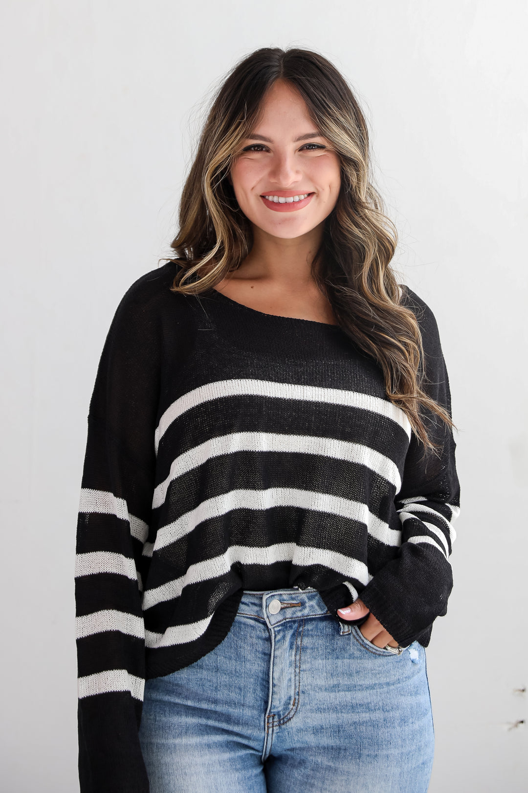 Stylish Promise Black Striped Lightweight Knit Sweater