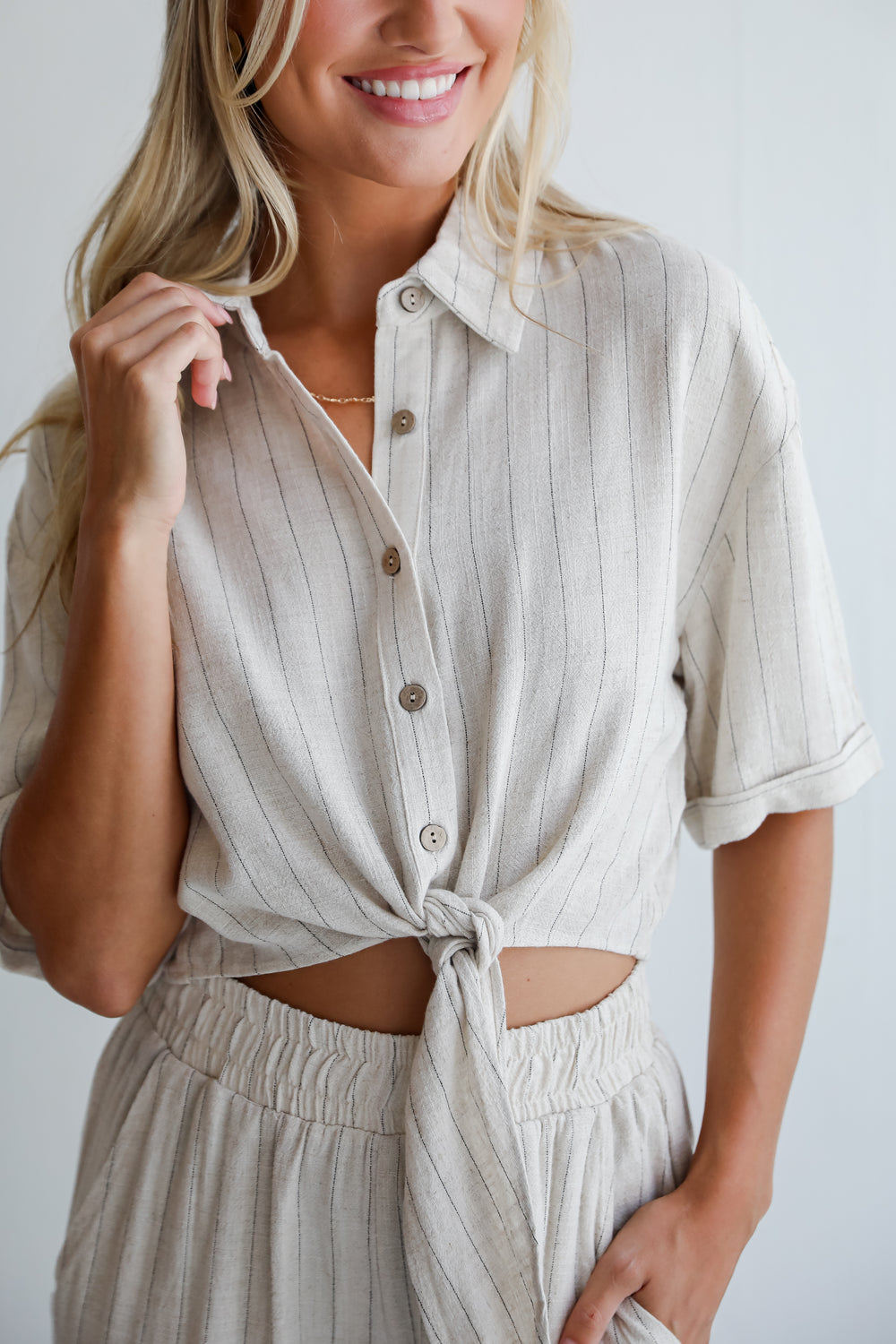 Moment Maker Striped Linen Tie-Front Blouse