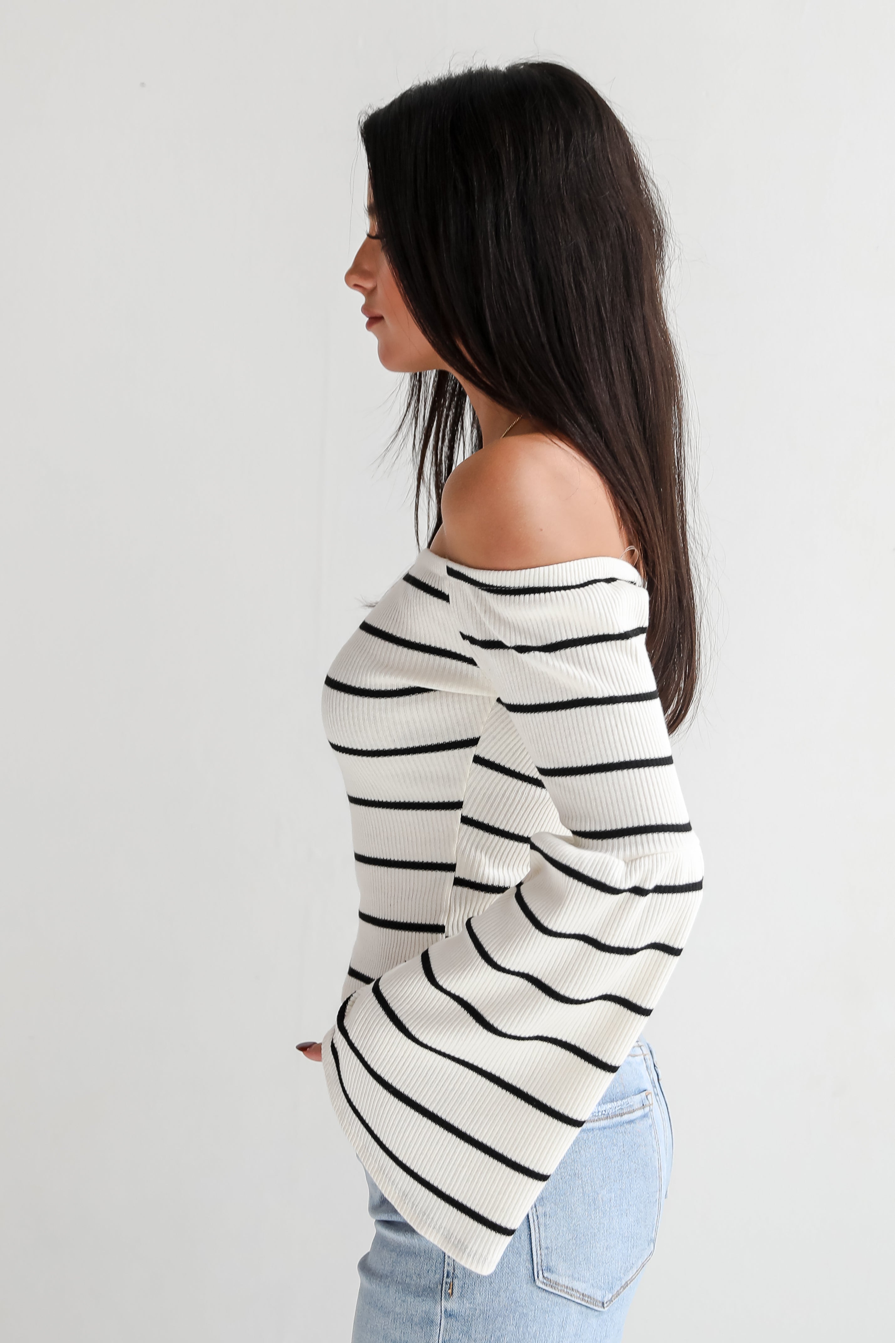 Coveted Favorite Cream Striped Off-The-Shoulder Knit Top