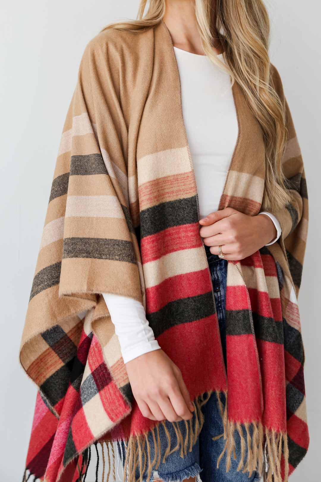 cozy Beige Plaid Fringe Shawl