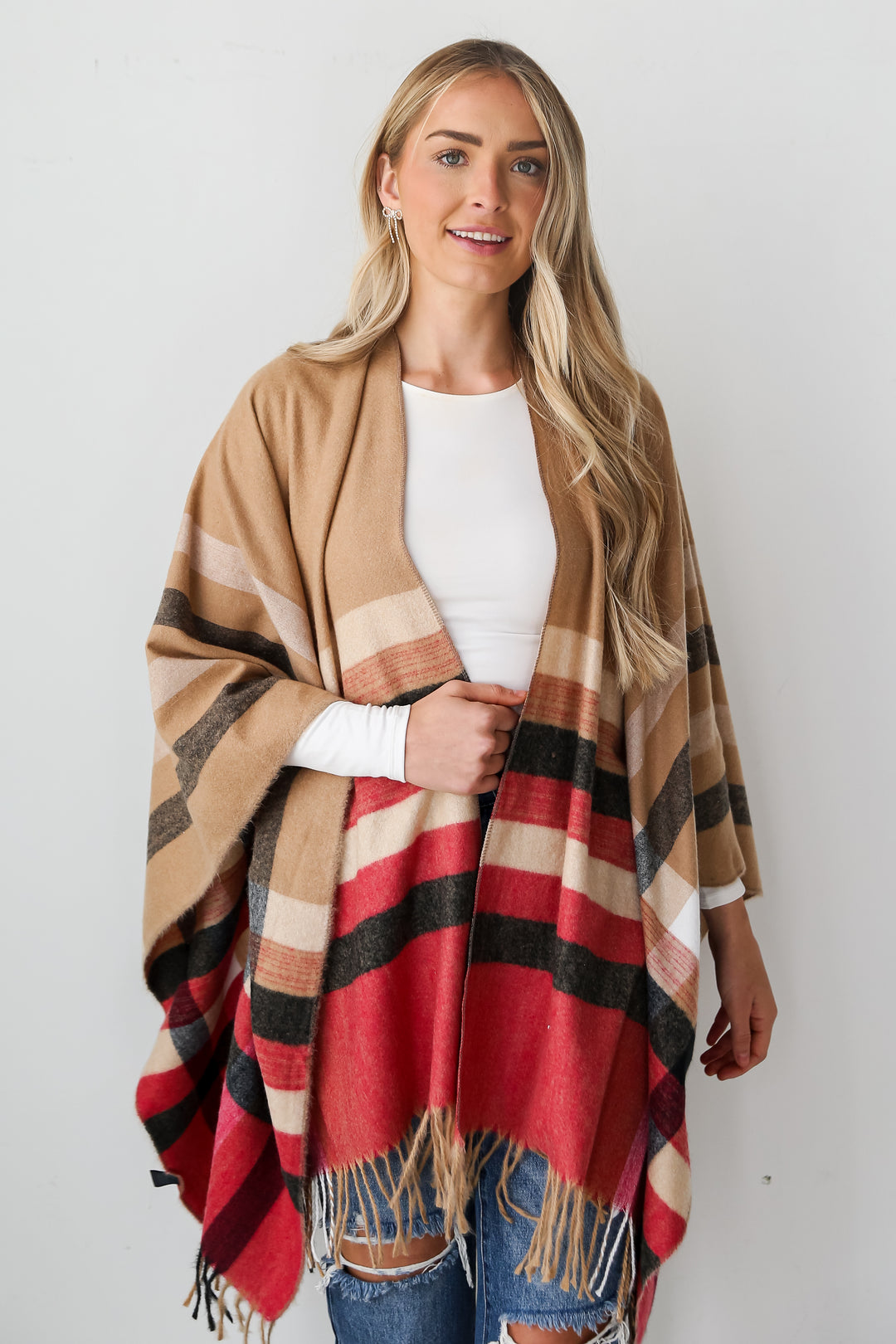 trendy Beige Plaid Fringe Shawl