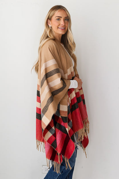 cute Beige Plaid Fringe Shawl