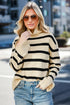 Taupe Striped Turtleneck Sweater