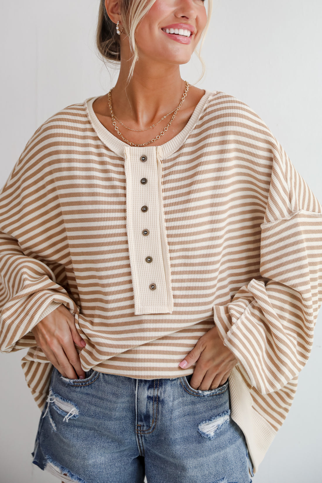 Enviably Cozy Cream Striped Oversized Waffle Knit Top