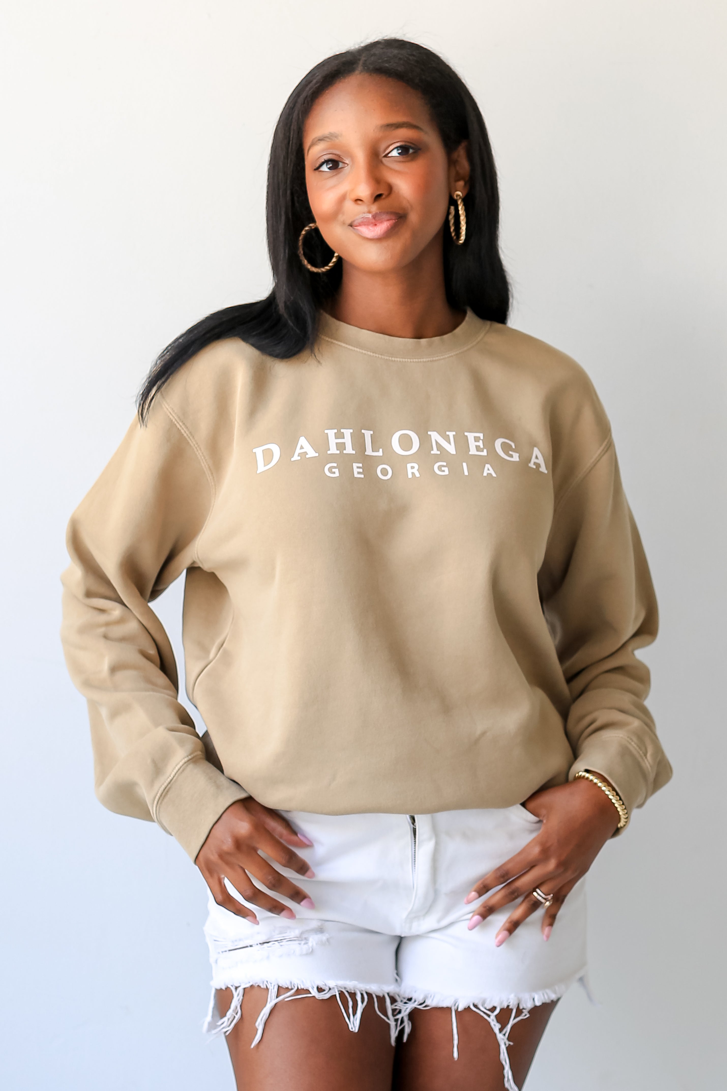 Tan Dahlonega Georgia Pullover on model