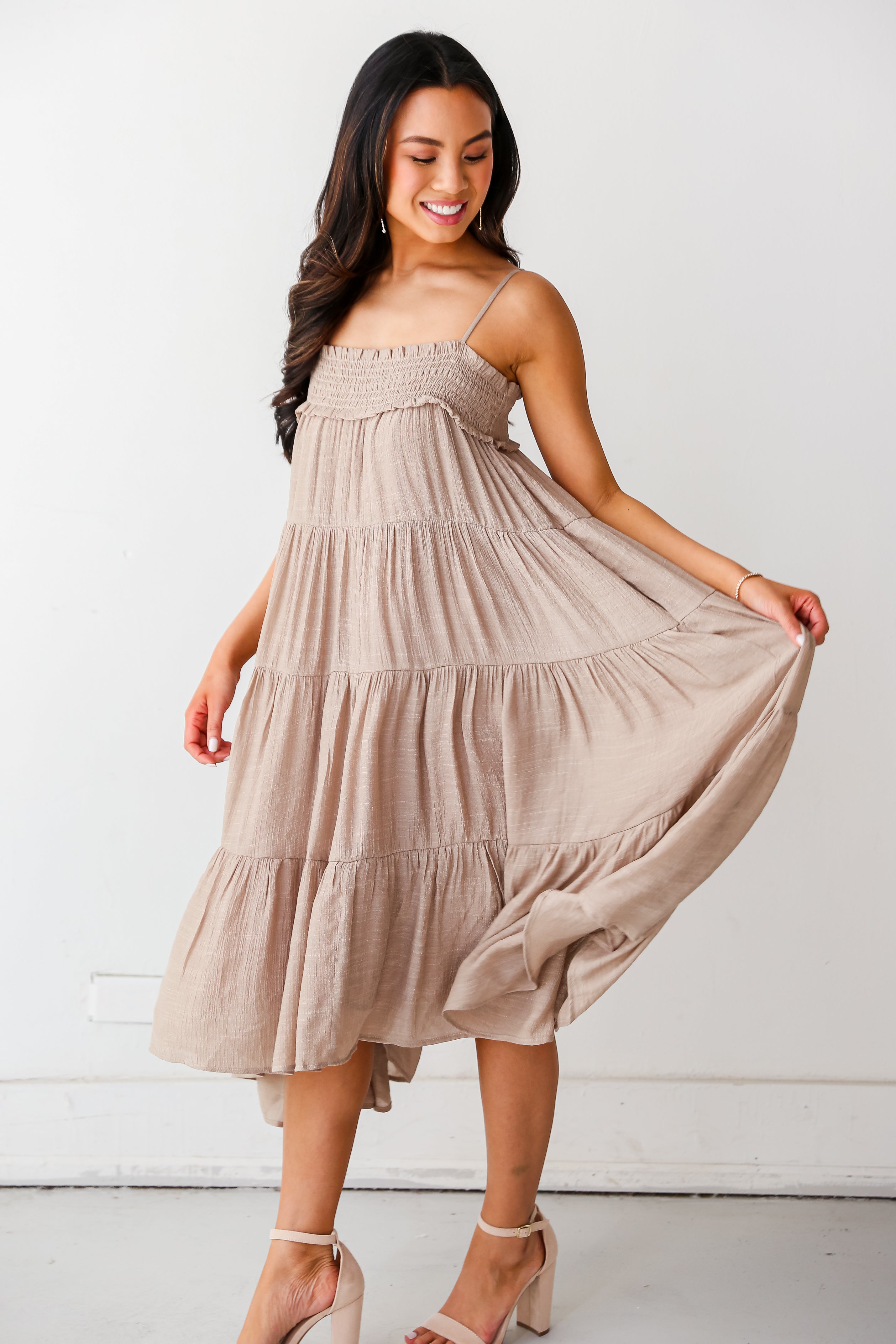 womens Taupe Tiered Midi Dress