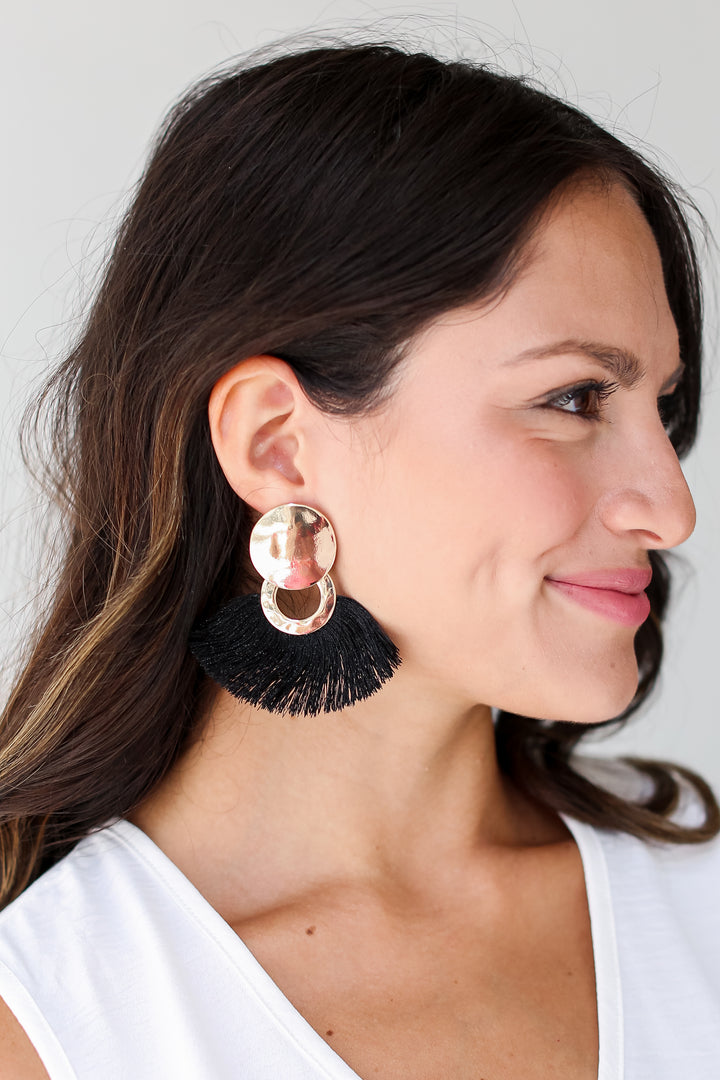 black Tassel Fan Earrings on dress up model