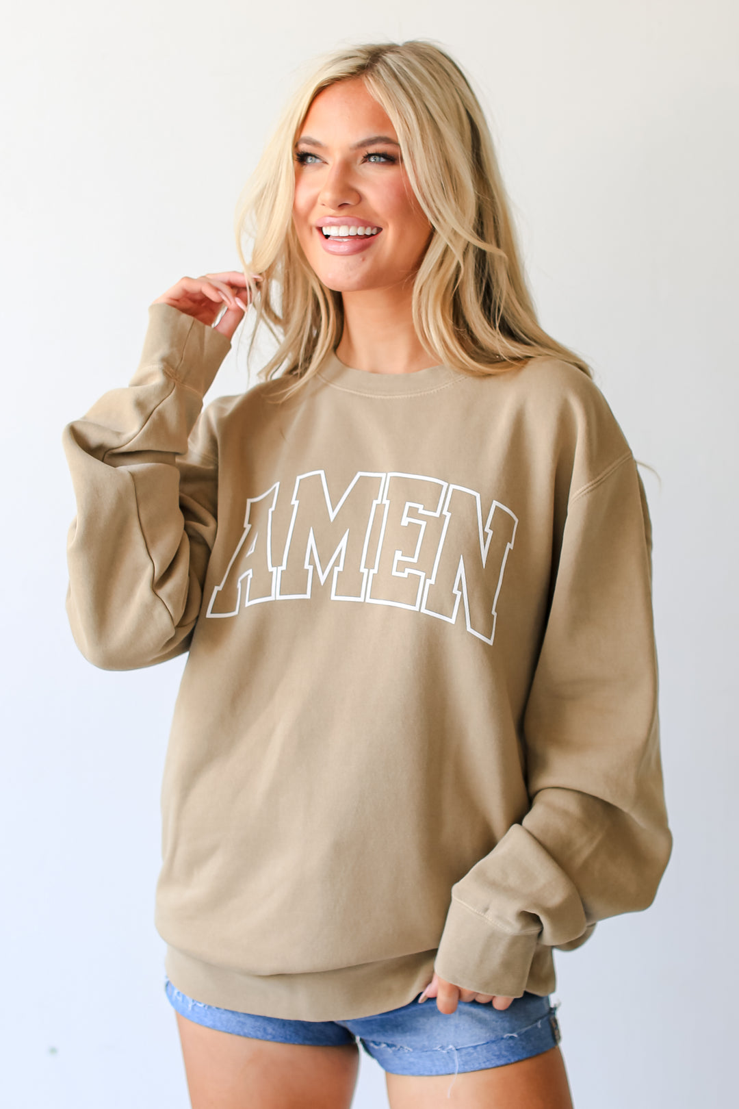 Tan Amen Pullover on model