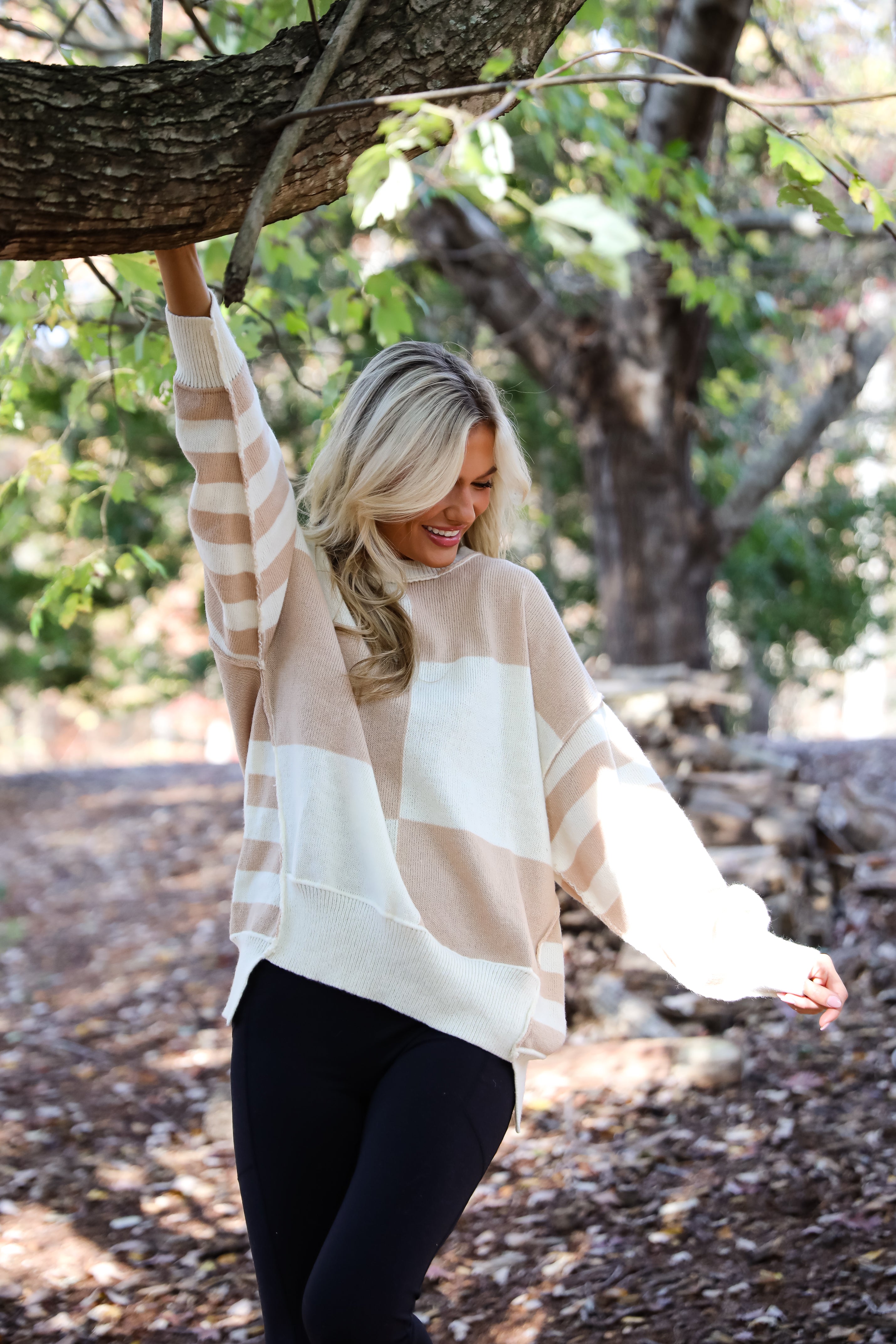 Ideal Charisma Taupe Striped Checkered Oversized Sweater