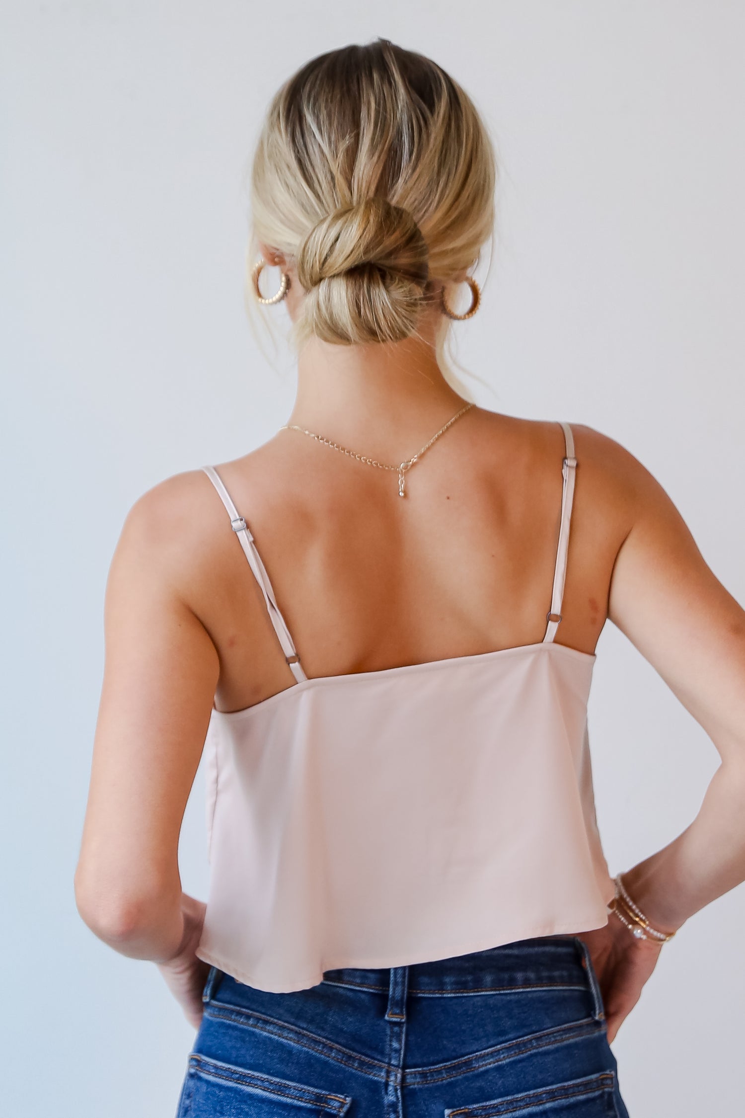 Champagne Satin Cowl Neck Cropped Tank back view