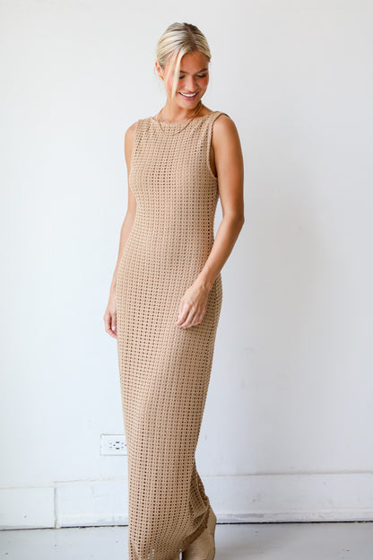 Infinite Sunshine Taupe Crochet Knit Maxi Dress