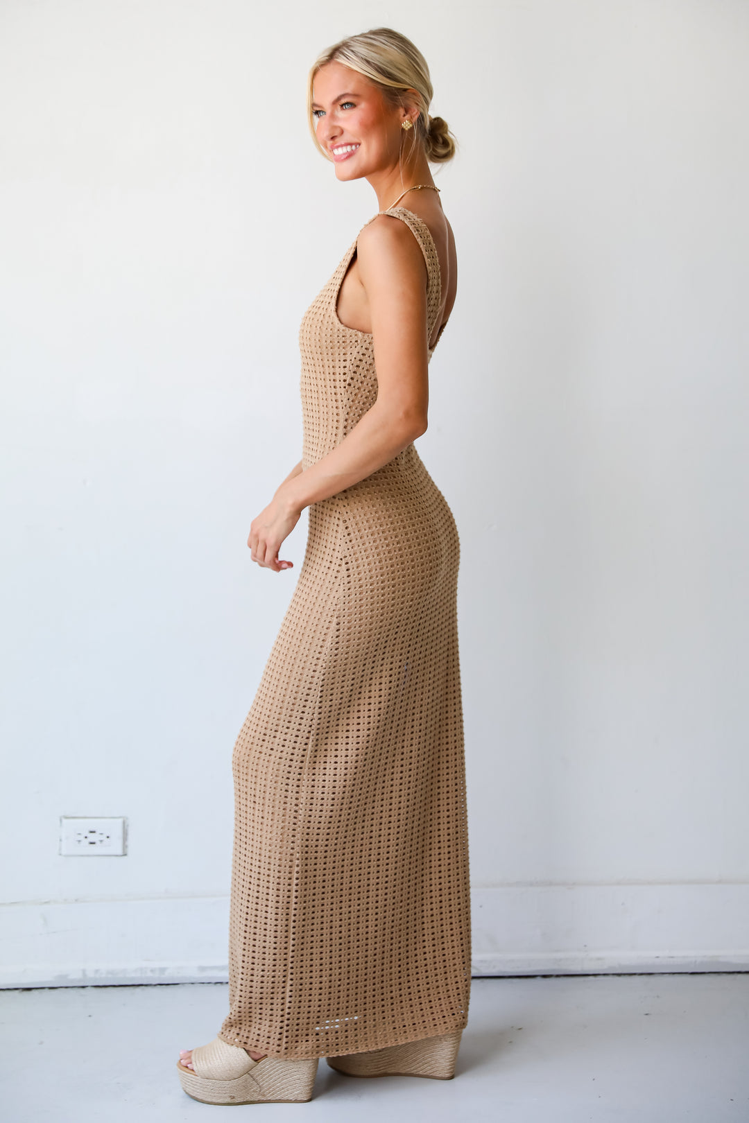 Infinite Sunshine Taupe Crochet Knit Maxi Dress