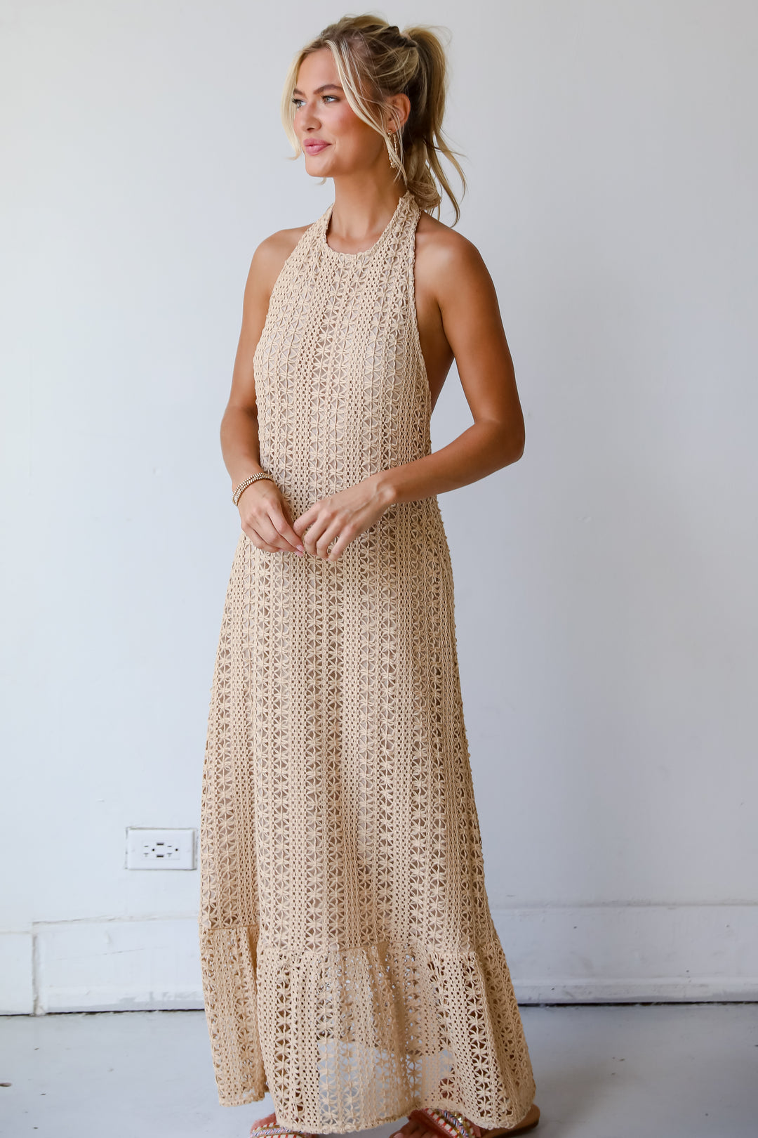 Divine Intentions Taupe Crochet Knit Halter Maxi Dress