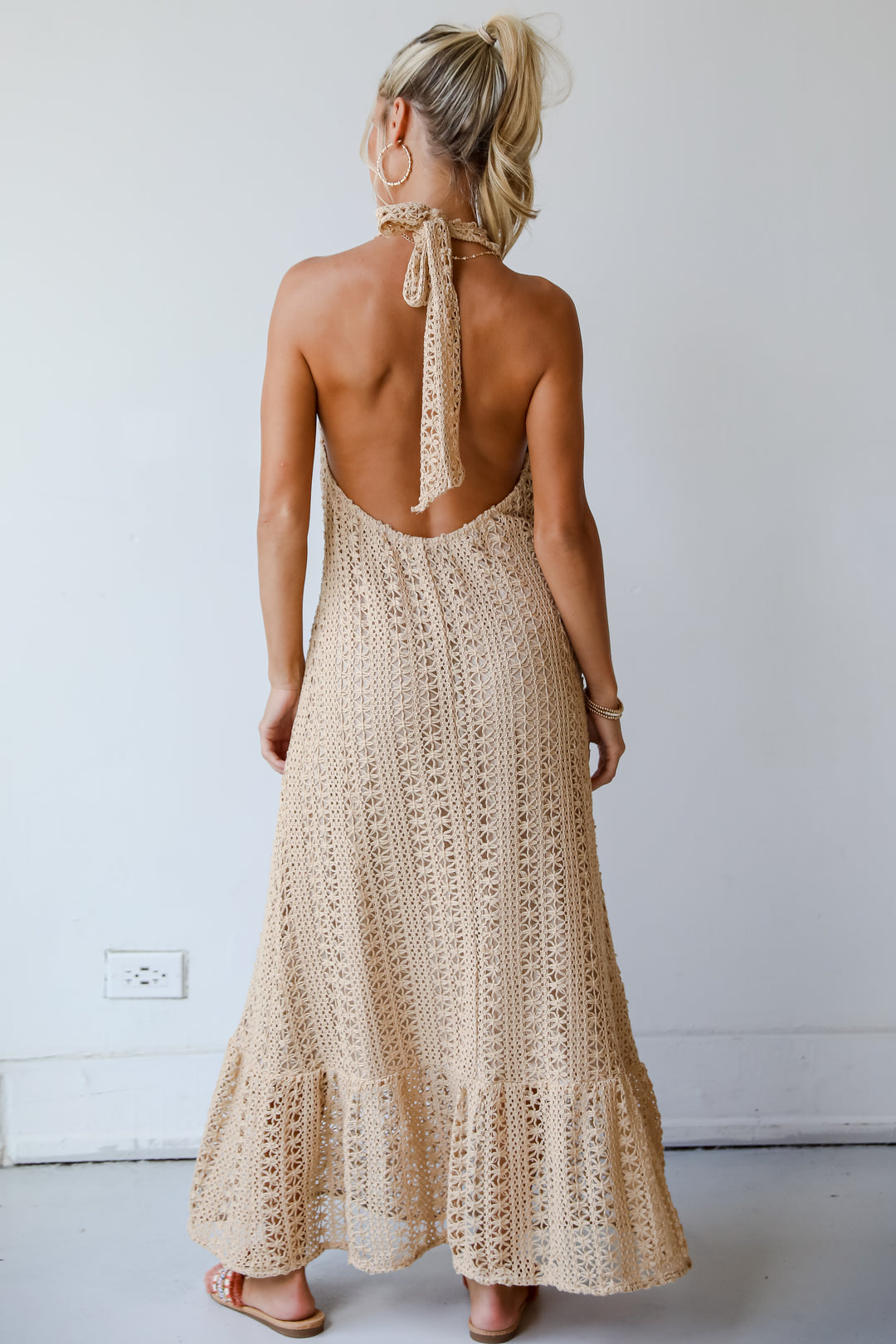 Divine Intentions Taupe Crochet Knit Halter Maxi Dress