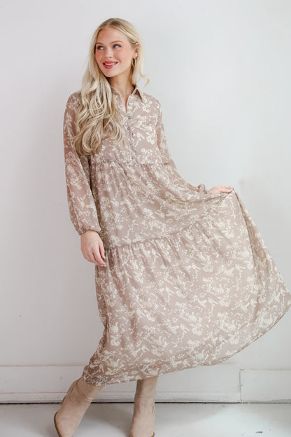 Impactful Elegance Taupe Floral Maxi Dress