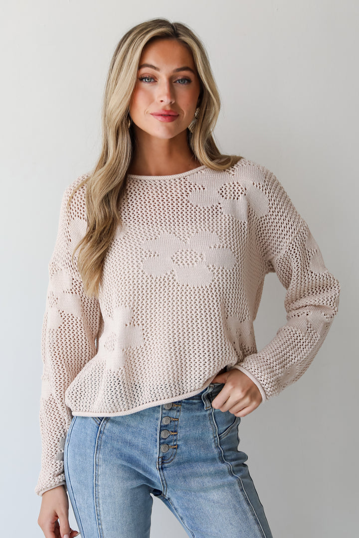 Darling Forecast Beige Floral Lightweight Knit Sweater