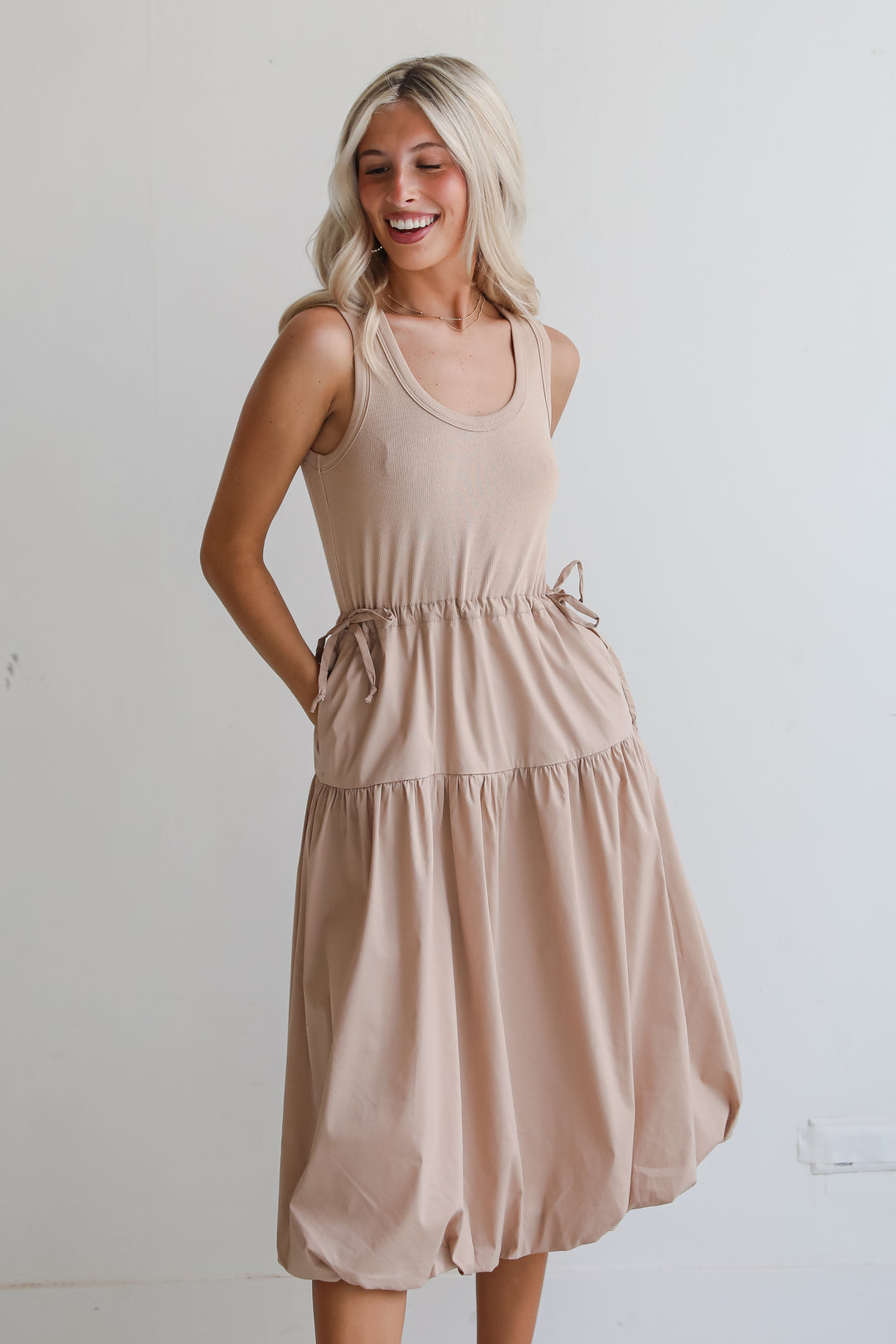 Darling Sophistication Taupe Contrast Midi Dress