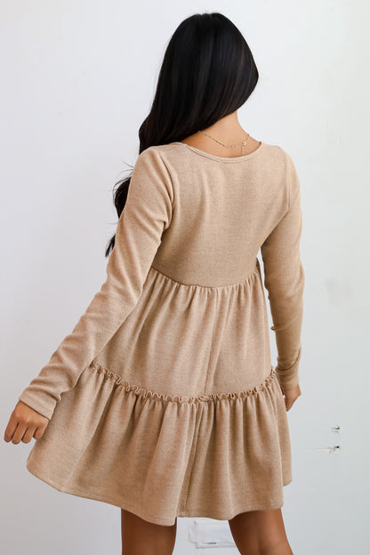 Adorable Promise Taupe Knit Babydoll Mini Dress