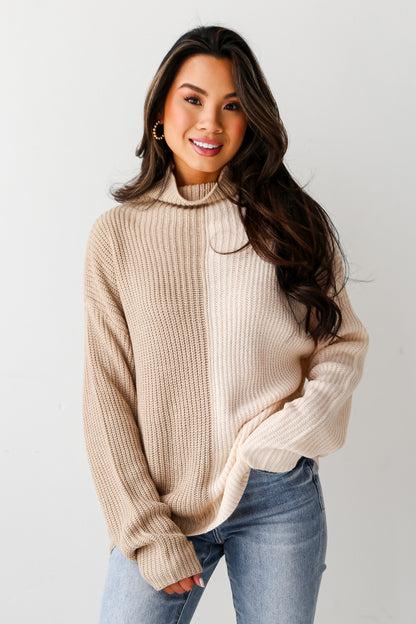 cute Oatmeal Color Block Mock Neck Sweater