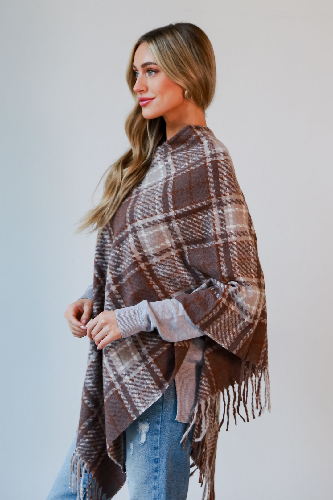 Taupe Plaid Fringe Poncho side view