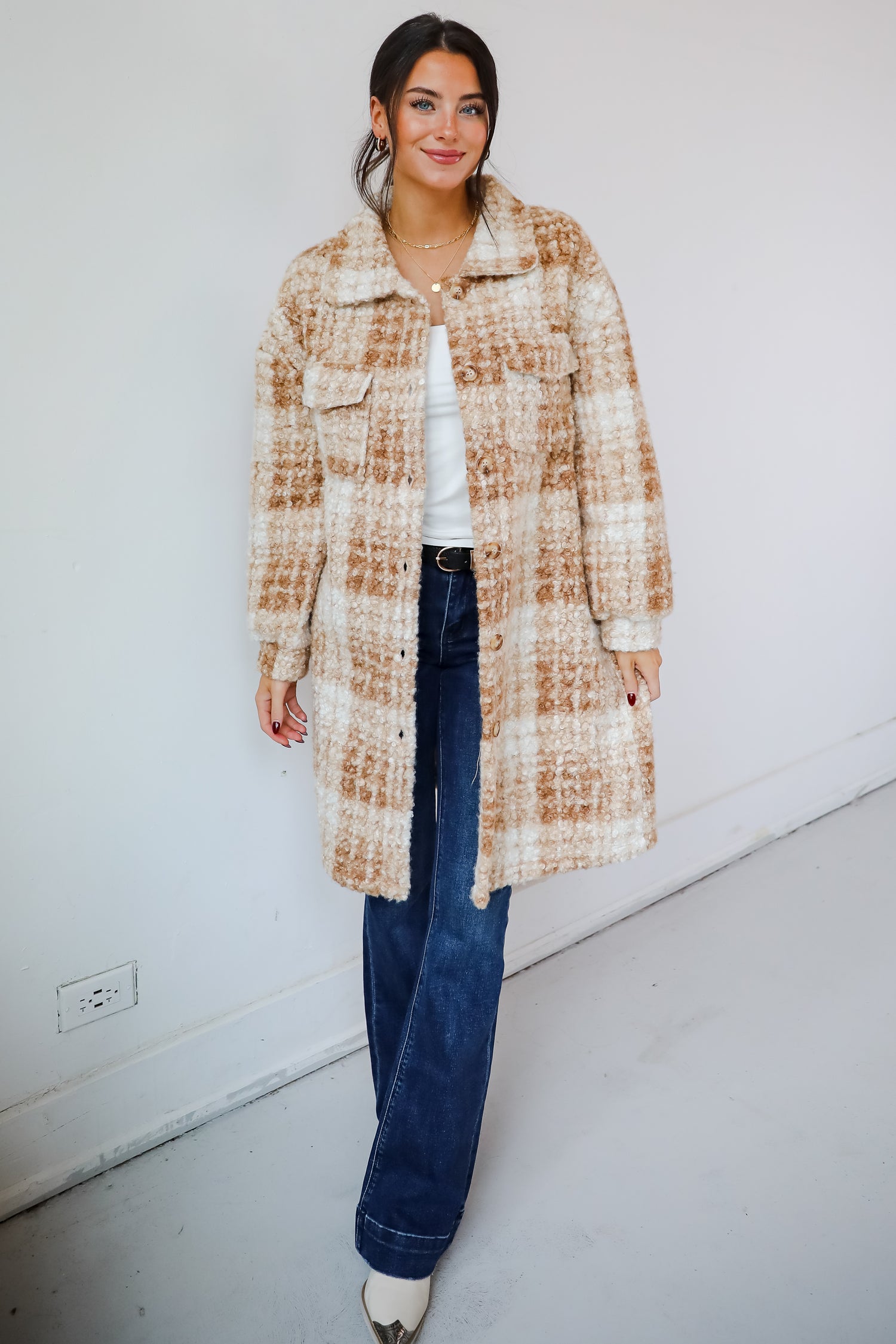 Modern Coziness Taupe Plaid Teddy Jacket