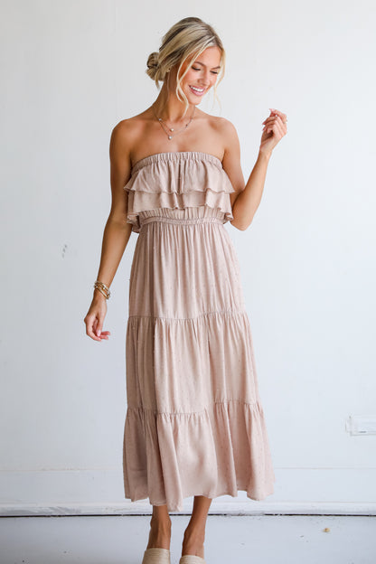 Taupe Tiered Strapless Midi Dress